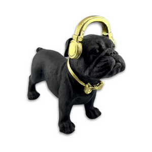 Bulldog Pug Dog with Gold Headphones Figurine